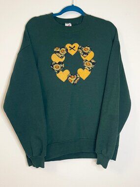 Vintage Jerzees Green Sweatshirt Sunflower Heart Appliqué Cottagecore Size Large